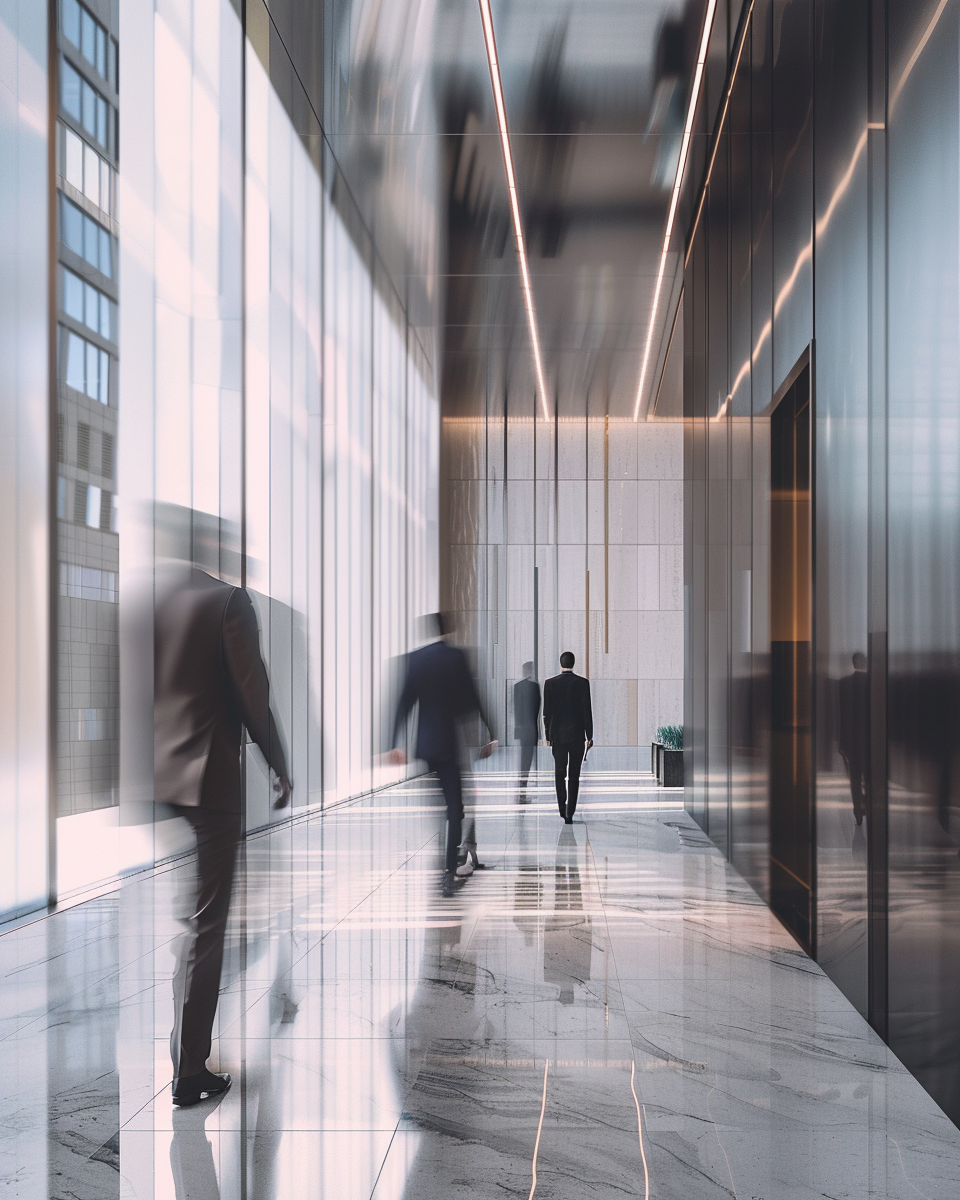 Professionals in modern law firm lobby
